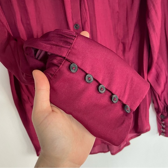 Free People Lala Solid Blouse By Off Beat Burgundy Button Down Blouse Bow Small - Picture 7 of 16